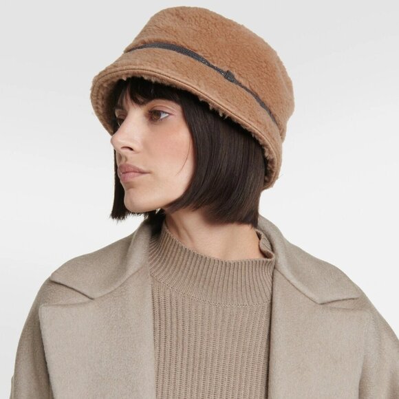 Brunello Cucinelli Shearling Bucket Hat Monili Trim Size Medium New Tags $995 - Picture 1 of 5